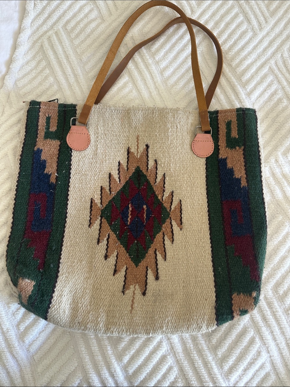 Handwoven Aztec Tote Bag with Leather Straps - Cream & Green